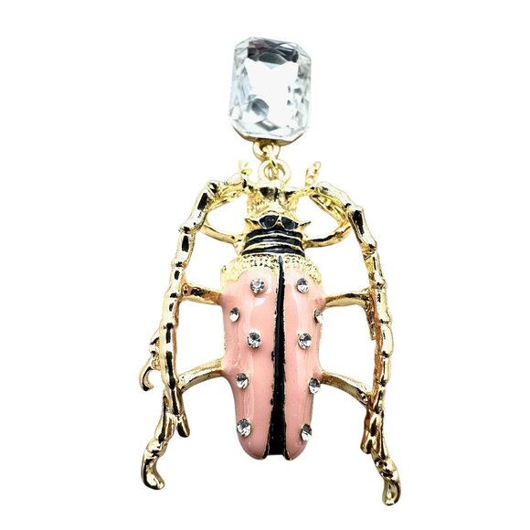 Womens Earrings Pierced Pink Enamel Bee Bug Gold Tone Chandelier Clear Crystal - Picture 3 of 4